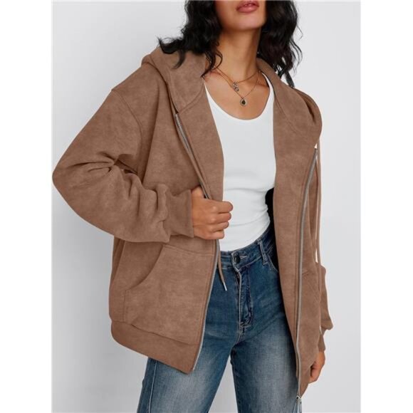 Women Zip Up Hoodie Acid Wash Oversized Sweatshirt Y2k Fall Winter Pullover - Picture 2 of 6